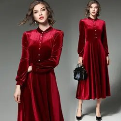 Бесплатная доставка 2018 Новая мода плюс Размеры S-2XL велюр длинное цельнокроеное платье Демисезонный бархат плиссированные платья для Для