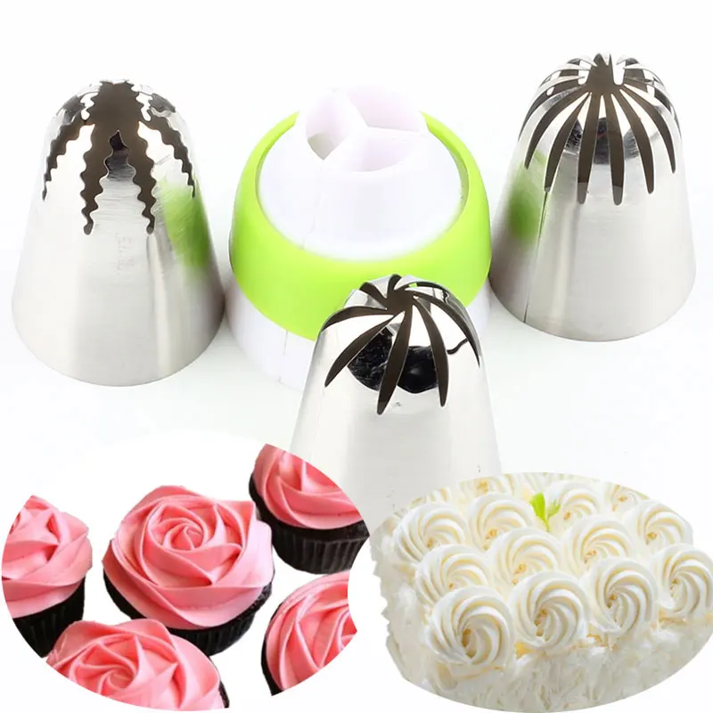 

4Pcs Stainless Steel Large Cream Cake Russian Nozzles Icing Piping Tips Set Coupler Cupcake Cake Dessert Decorating Baking Tools