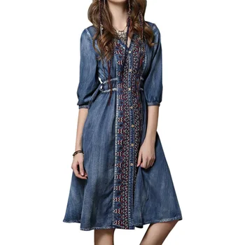 

Woman Denim Dresses Elegant Vintage Floral Embroidery Cowboy Casual Feminino Ladies Loose Shirt Dress Jeans