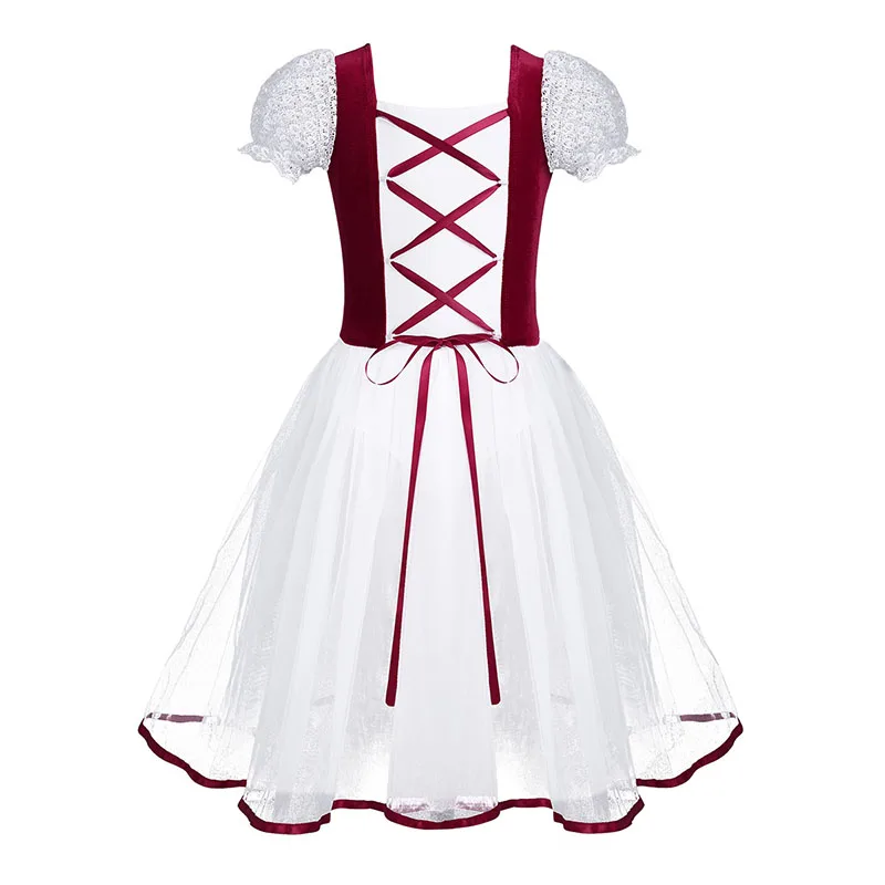 iiniim Kids Girls Professional Ballet Tutu Dress Velvet Mesh Lacework Short Bubble Sleeves Ballet Dance Gymnastics Leotard Dress - Цвет: Burgundy