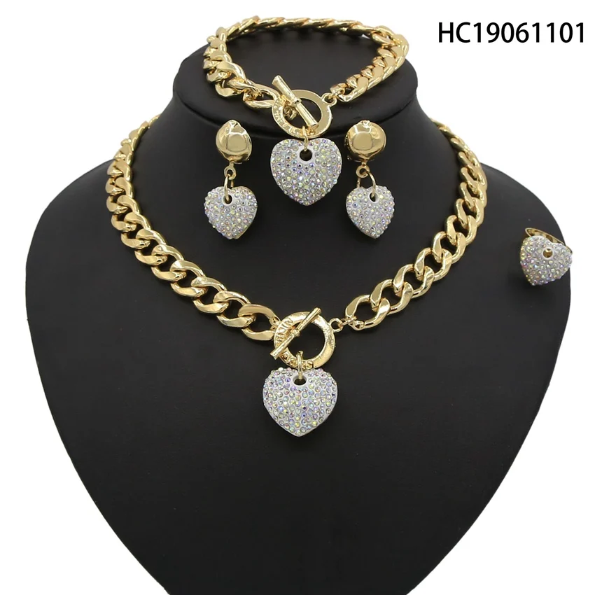 

Yulaili New Nigerian Wedding Bridal African Gold Color Jewelry Sets Dubai Heart Shape Crystal Necklace Bracelet Earrings Ring