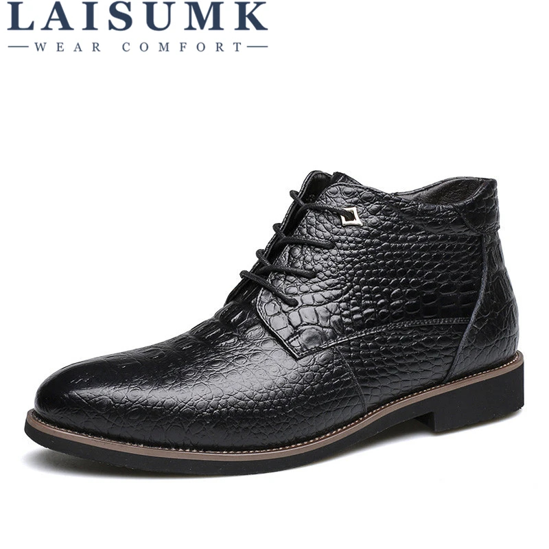 

LAISUMK Luxury Brand Men Winter Boots Warm Thicken Fur Men's Ankle Boots Fashion Male Business Office Formal Leather Shoes