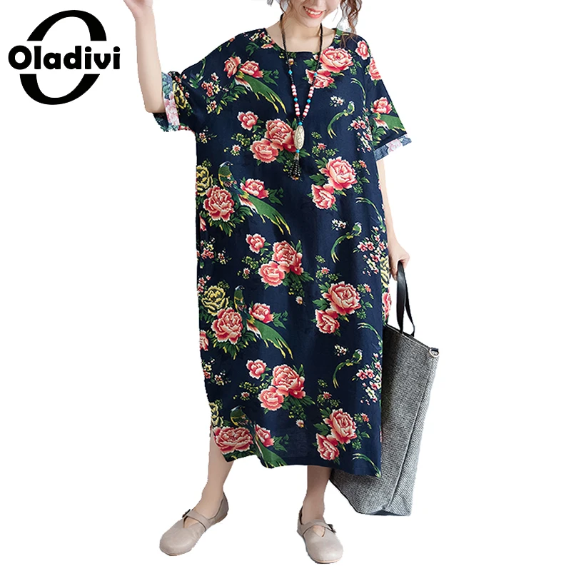 

Oladivi Large Size Women Clothing Summer Style Floral Print Cotton Linen Dress Female Casual Oversized Elegant Dresses Tunic Top