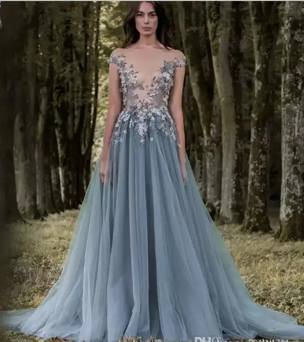 

Paolo Sebastian Lace Prom Dresses Sheer Plunging Neckline Applique Evening Party Gowns Cheap Sweep Train Tulle Beads for Women