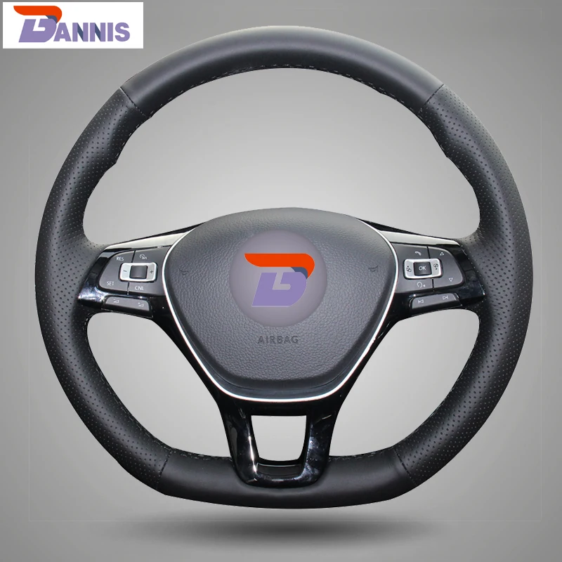 BANNIS Black Artificial Leather DIY Hand stitched Steering Wheel Cover for Volkswagen VW Golf 7 Mk7