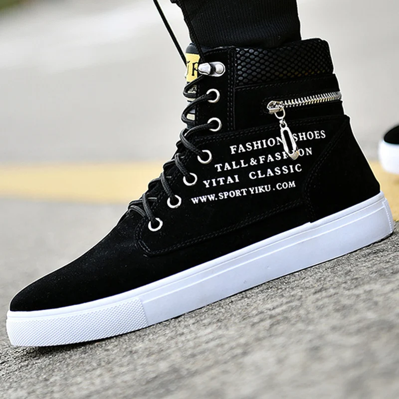 Men's Casual Shoes Lace-up High Top Fashion Shoes Men Autumn Zipper Decoration Flat Shoes For Student Black zapatos de hombre
