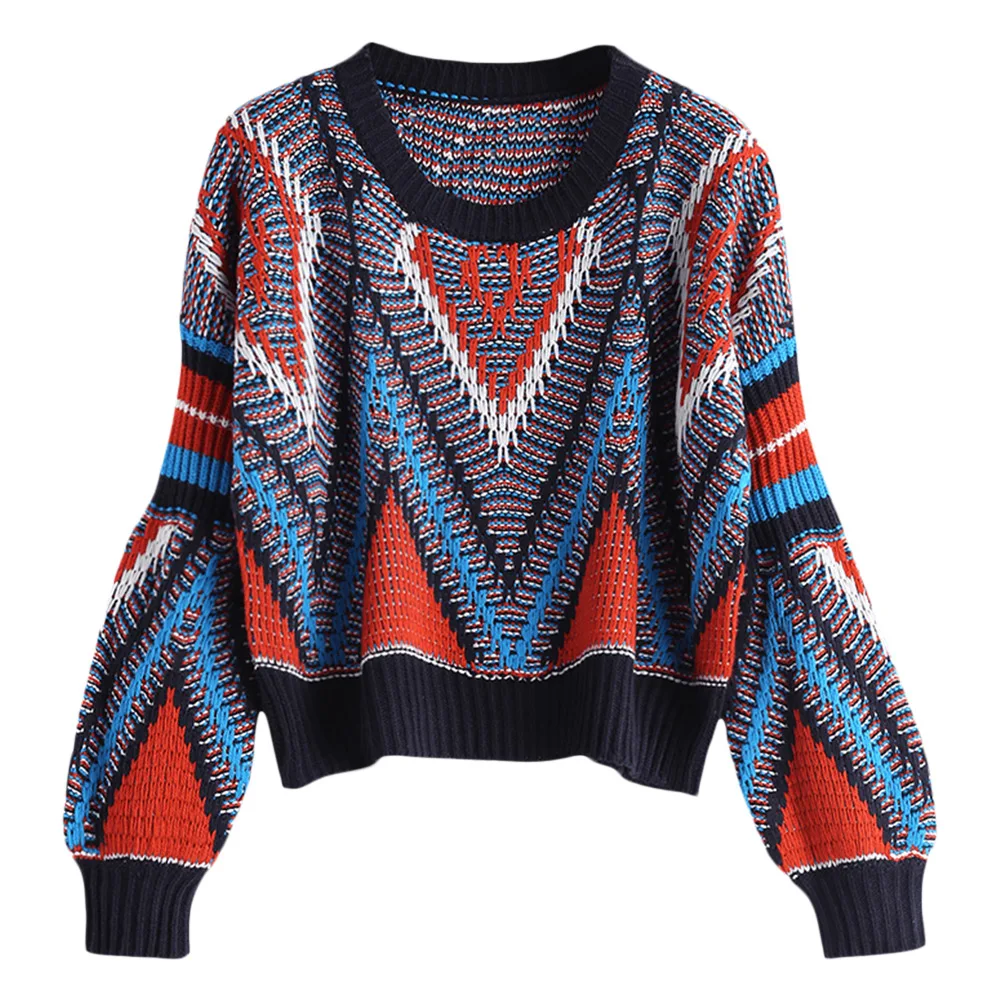 ZAFUL свитера женские пуловеры свободный геометрический Графический свитер с вырезом лодочкой повседневные топы Туника винтажные свитера женские зимние - Цвет: Multi