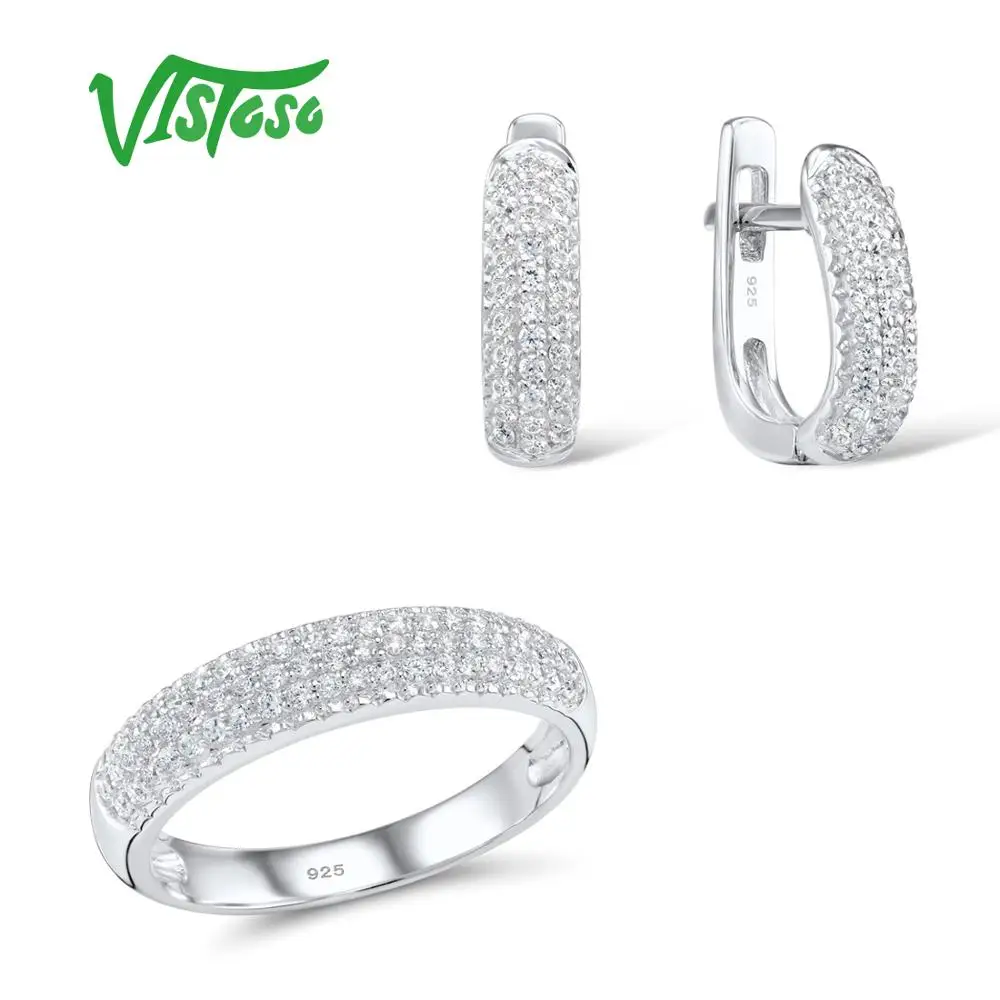 

VISTOSO Jewelry Sets For Woman White Cubic Zirconia Stones Jewelry Set Earrings Ring 925 Sterling Silver Fashion Fine Jewelry