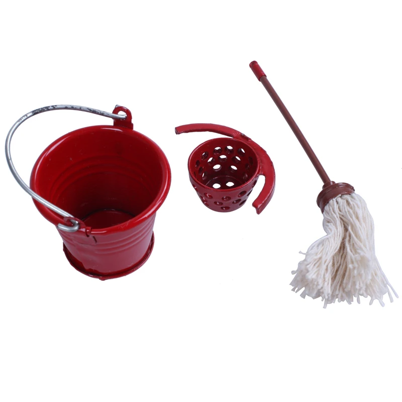 

Dollhouse Miniature Kitchen Garden Red Metal Bucket With Mop