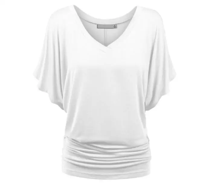 Повседневная Свободная Женская летняя футболка с рукавом летучая мышь, топы, футболки, модная однотонная Повседневная футболка с v-образным вырезом размера плюс - Цвет: Белый