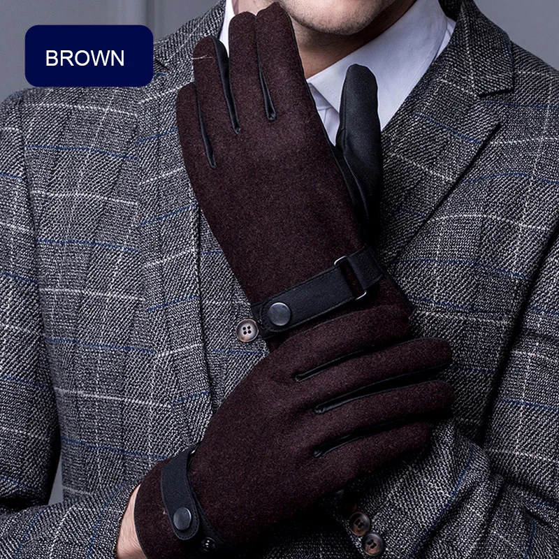 Autumn Winter Leather Gloves Male Anti-Wind Ski Touchscreen PU Gloves Hand Back Wool Cloth Driving Mittens ST8105