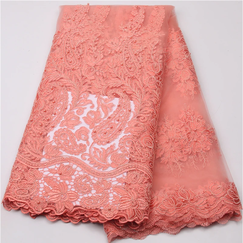 

Peach beaded laces fabric with embroidered 2018 high quality lace french tulle lace fabric for african party AMY539b-2
