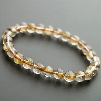 

7mm Genuine Natural Titanium Gold Rutilated Quartz Crystal Round Clear Beads Stretch Charm Bracelets For Women