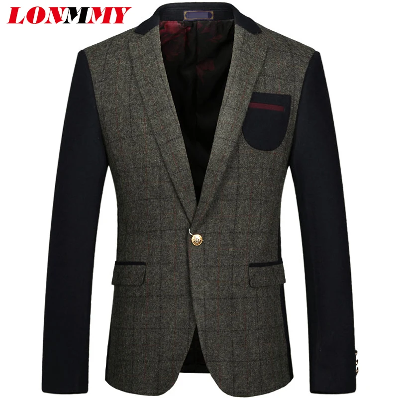 LONMMY 3XL Plaid mens blazer jacket Fashion Outerwear Wool woolen suit