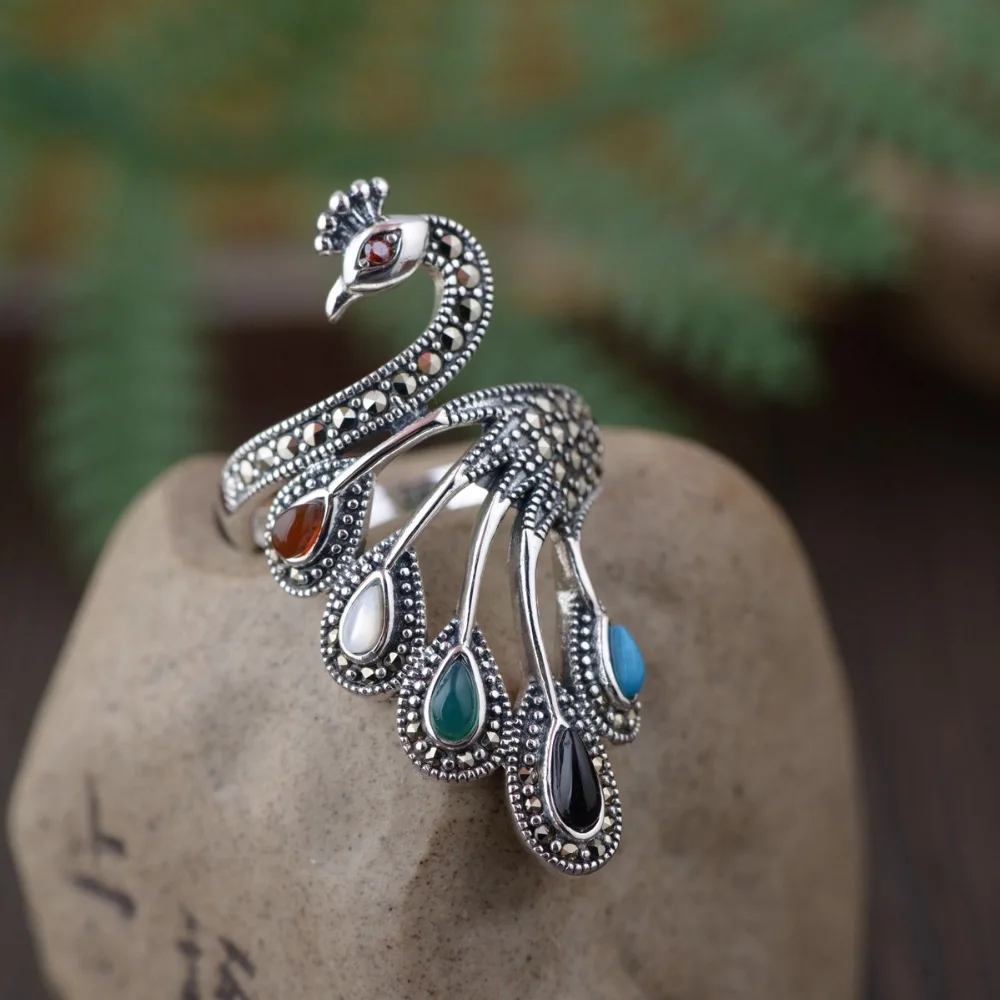 Baratos Anillos de pavo Real para mujer joyería de plata de ley 925 pura con piedra granate rojo anillo de ónix negro Natural Animal pájaro