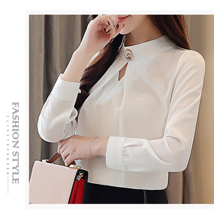 Blusas mujer de moda, Женские топы и блузки, одноцветные, с бисером, harajuku, белые рубашки шифоновая блуза со стойкой, полная 2423 50