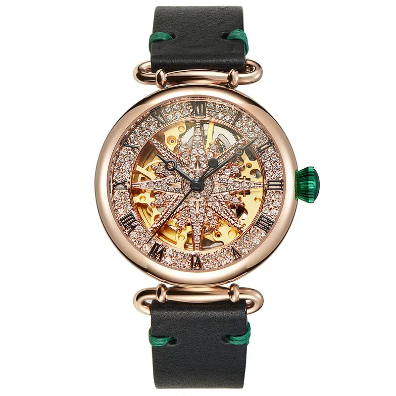 FUYIJIA полые автоматические механические часы женские Полный алмаз часы водонепроницаемый восьмиугольная звезда часы кожаный ремень - Цвет: Black