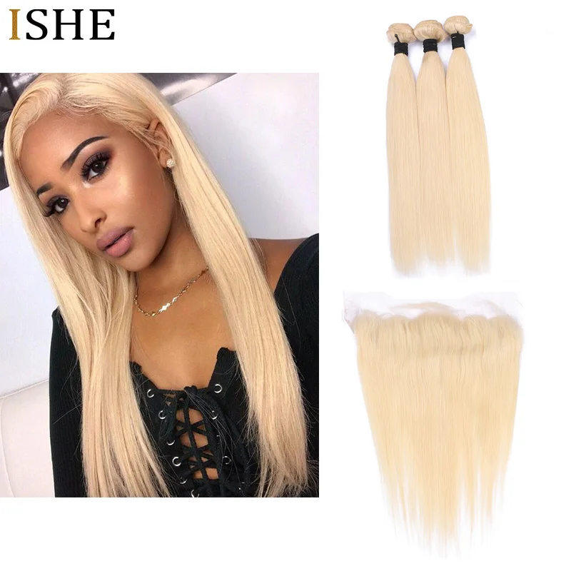 

ISHE 613 Bundles With Frontal Brazilian Hair Blonde 3 Bundles With Closure Remy Straight Human Hair Blonde Bundles With Frontal