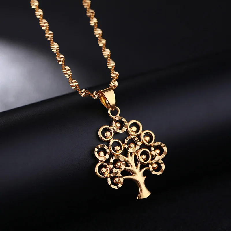 

St.kunkka Life Tree Statement Necklaces Pendants Woman Chokers Collar Water Wave Chain Bib 24K Yellow Gold Filled Chunky Jewelry