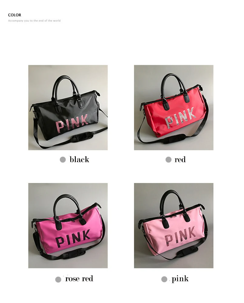2019 Wobag Ladies Black Travel Bag Pink Sequins Shoulder Bag Women Handbag Ladies Weekend Portable Duffel Bag Waterproof Wash04