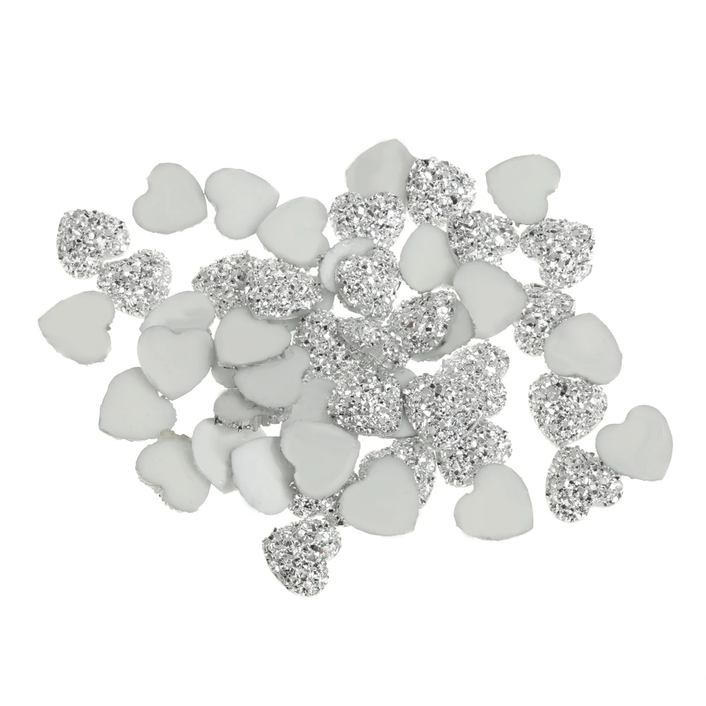 50pcs Silver Resin Rhinestone Heart Flatback Embellishments for Scrapbooking DIY Crafts Accessories 