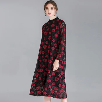 

Lace Dress Hollow Out Flower Print Spring 2019 Woman Summer Red Party Elegant Work Vintage Fashion Oversized Dresses 4XL Lady
