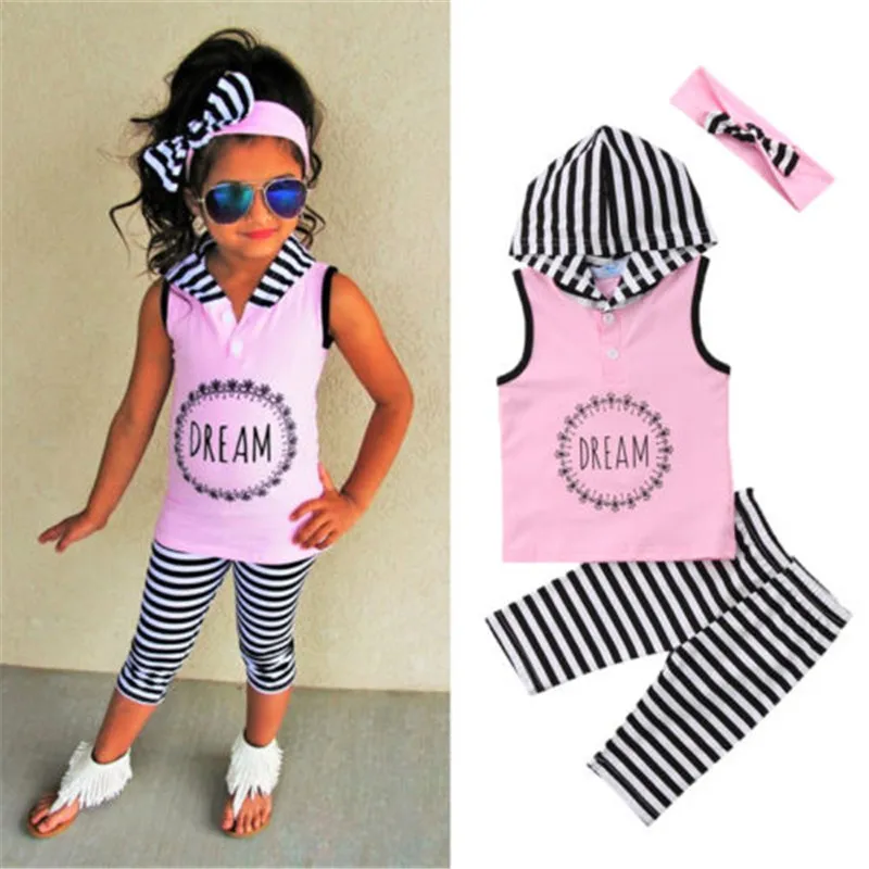 

Striped Letters Tracksuit Suits Kids Baby Girl Clothing Set 3pcs Hooded Vest Tee Tops+Pants+Headband Outfits Children Clothes
