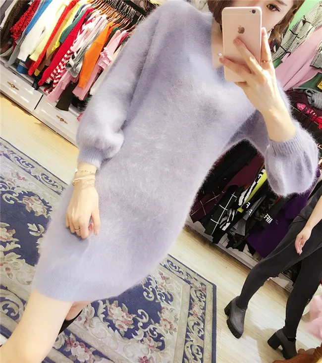 

Fluffy Angola Women Thickness Mink Cashmere Sweater Women's Knitted Pullovers Dress Wholesale Custom Size Free Shipping JN555