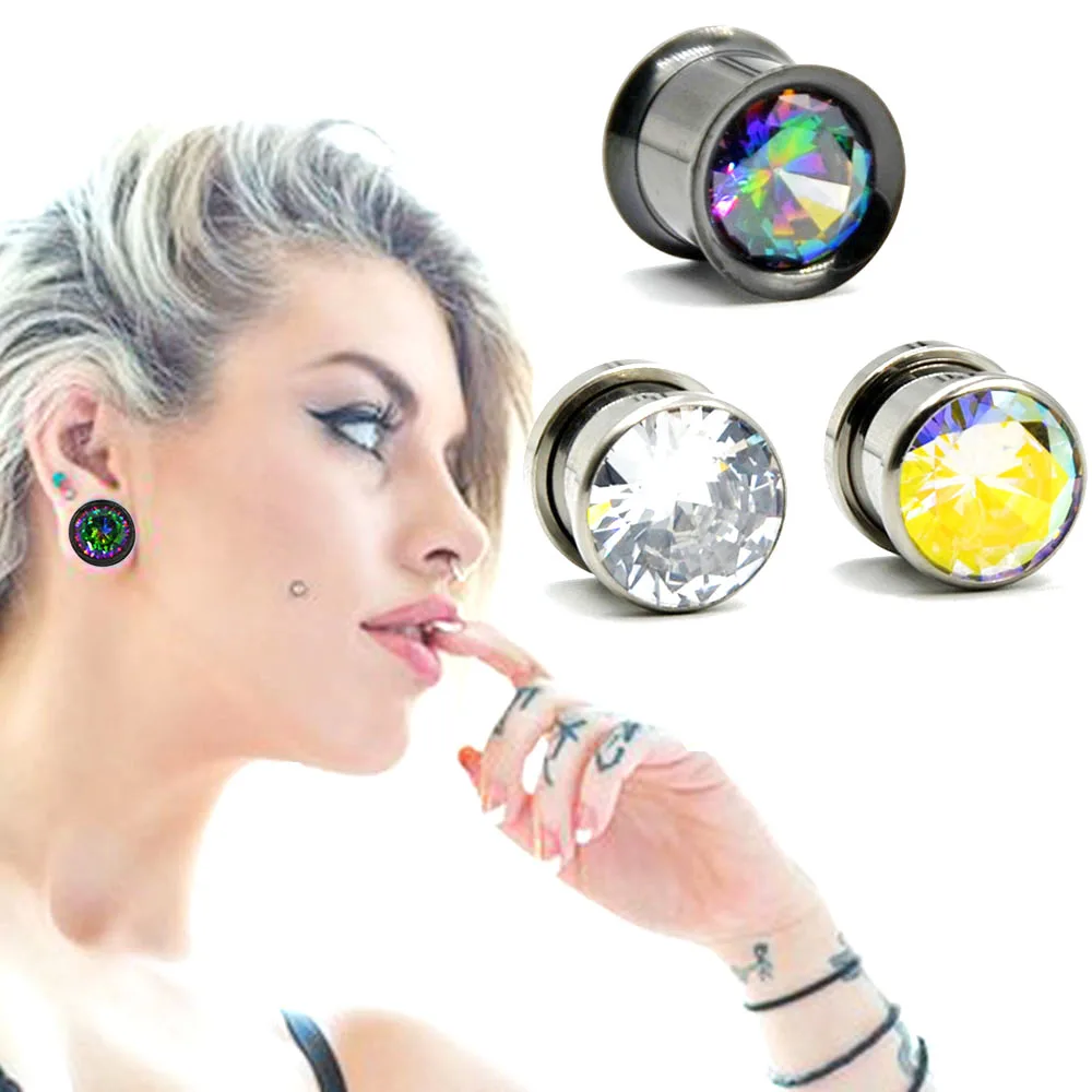 BOG PAIR Bling Zircon Screw Fit Flesh Tunnels Ear Plugs/Internal Thread