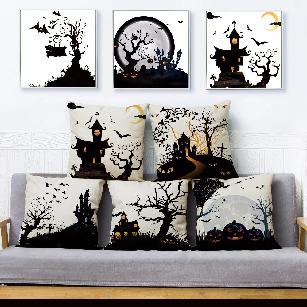 

Cartoon Halloween Castle Print Throw Pillow Cover 45*45cm Square Cushion Covers Linen Pillow Case Sofa Home Decor Pillows Cases