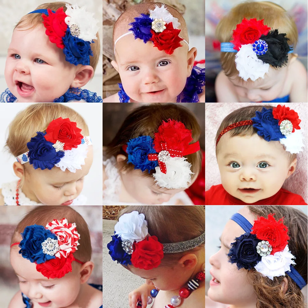 

12piece 4th July Headband American Flag chiffon Flower shabby satin flower Independence Day Kid Hair Accessories
