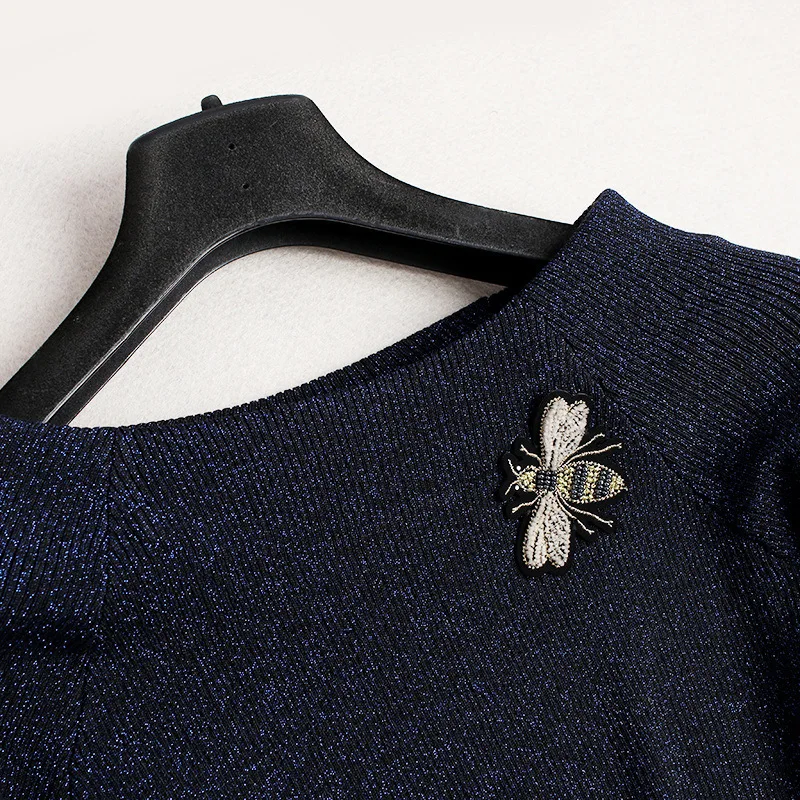 Женская мода, Пчела из бисера, люрекс, вязаный свитер, топы, длинный рукав, элегантный пуловер, комплект с плиссированной юбкой, комплект из 2 предметов, осень, синий