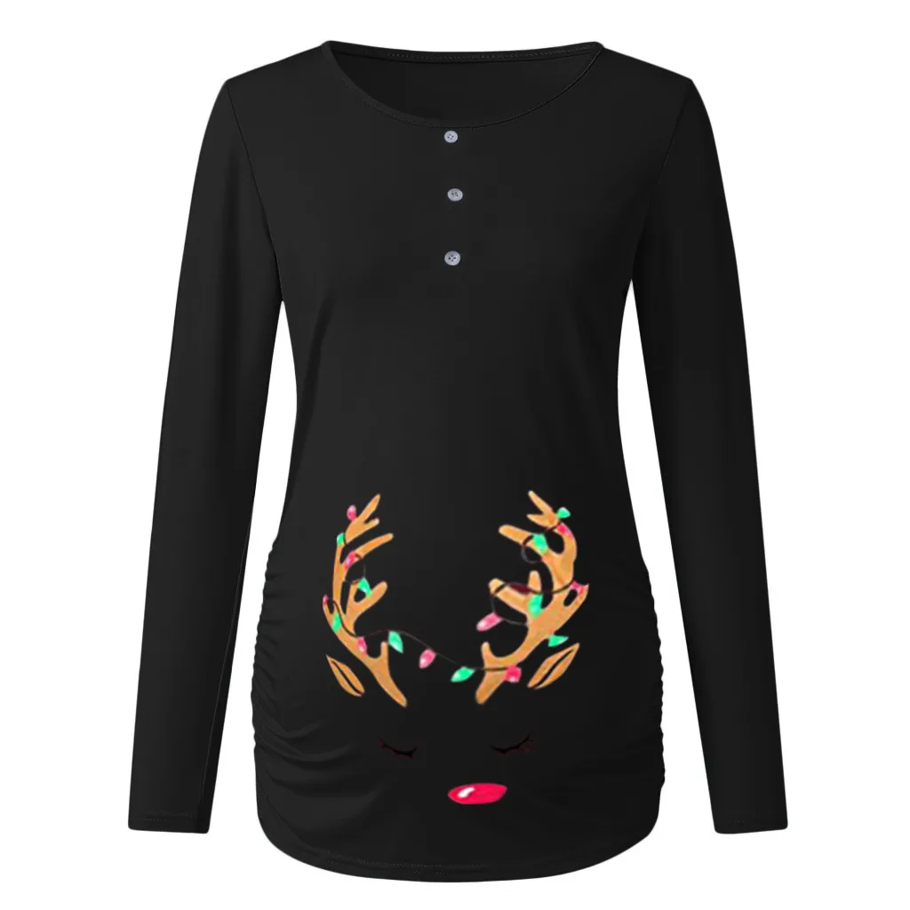 Женская рождественская рубашка с принтом на пуговицах для беременных, топ с длинными рукавами, Футболка для беременных, одежда ropa verano mujer - Цвет: Black