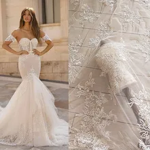 Белый Хлопковый кружевной материал для свадьбы с вышивкой пайетками цвета слоновой кости, одежда, вуаль, материал RS2606