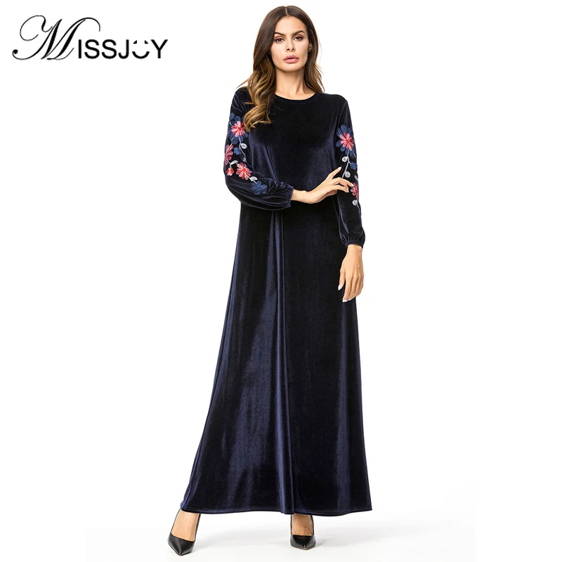 MISSJOY, Осень-зима, женское платье, темно-синее, длинный рукав, вышивка, abaya, модное, Mulim, Дубай, повседневное, вельветовое, макси платье для женщин