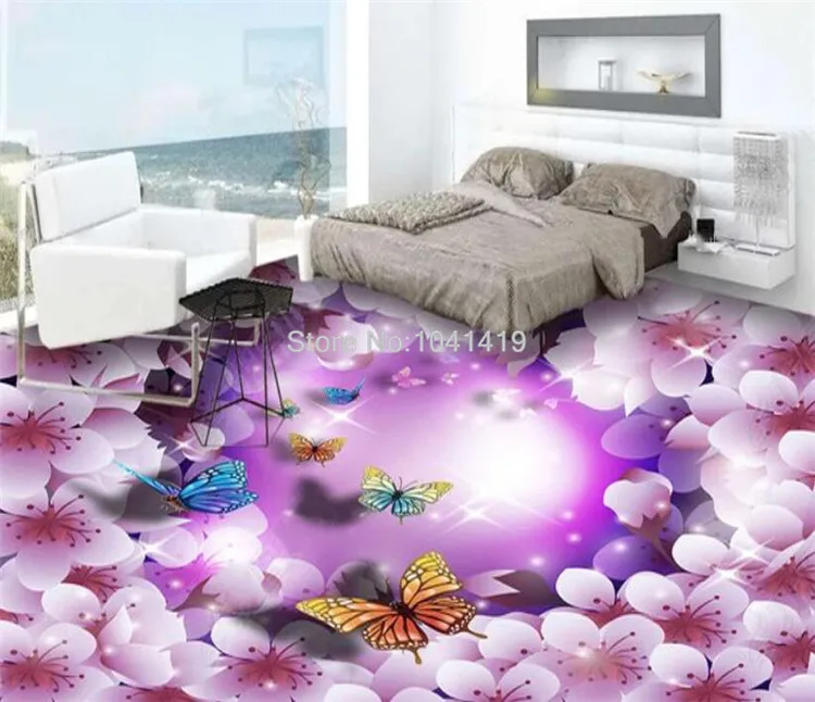 3D Floor Tiles Mural Wallpaper Modern Fashion Purple Flowers Butterfly  Floor Sticker Living Room Bedroom PVC Waterproof Frescoes