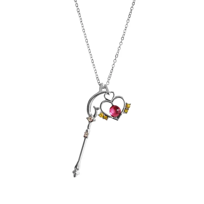 

Silver Color Chain Angel Wing Yellow Rhinestone Hollow Heart Pink Stone Sailor Moon Wand Necklace For Girls Women Cosplay