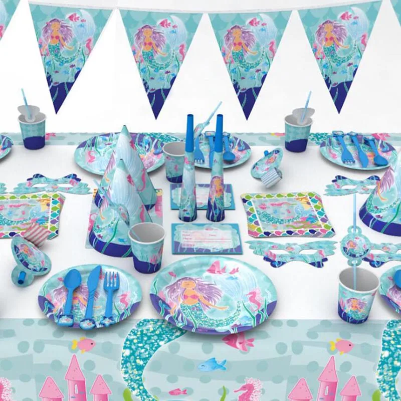 

OHEART 90PCS Little Mermaid Under The Sea Disposable Party Tableware Kids Birthday Ocean Shark Party Decoration Supplies