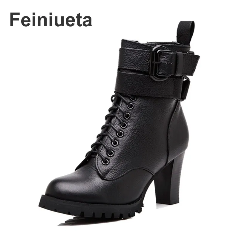 

Feiniueta 2017 autumn or winter new leather boots high heel British Martin boots thick with motorcycle boots single women boots