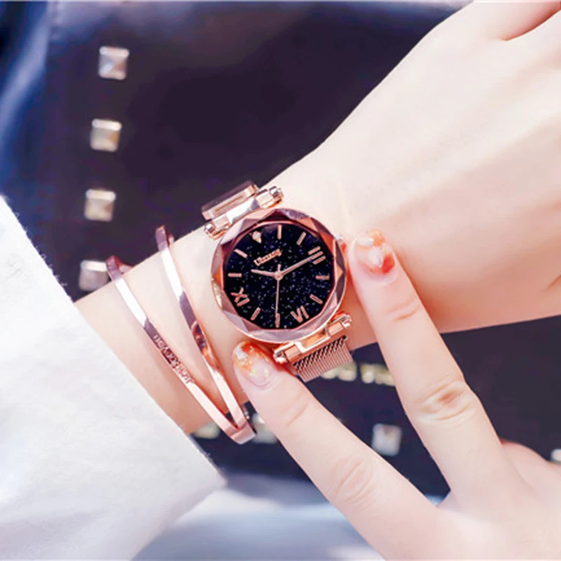 

New Luxury Rose Gold Women Watches Minimalism Starry sky Magnet Buckle Fashion Casual Female Wristwatch Waterproof Roman Numeral