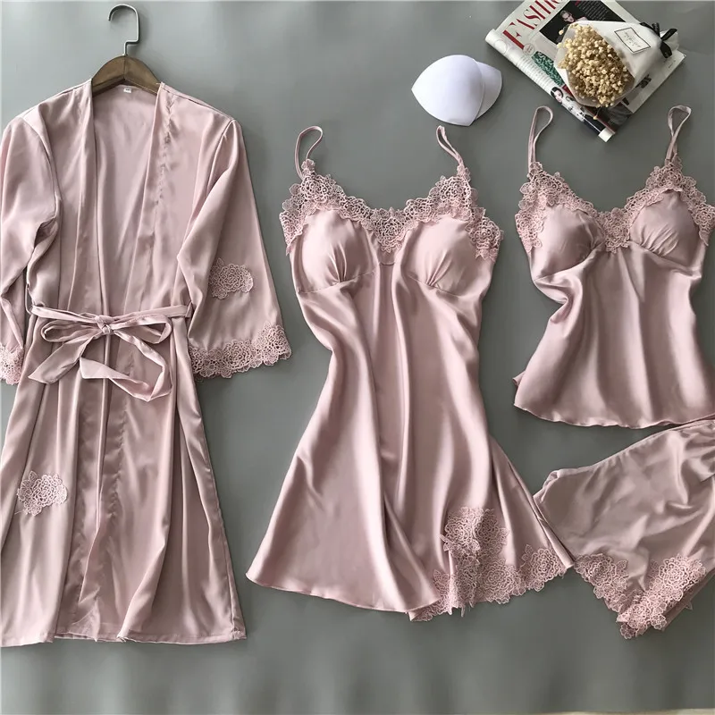 

pajama sets summer silk pajamas shorts female sense nightdress robe four-piece womens pajama pjs women Long sleeve trousers