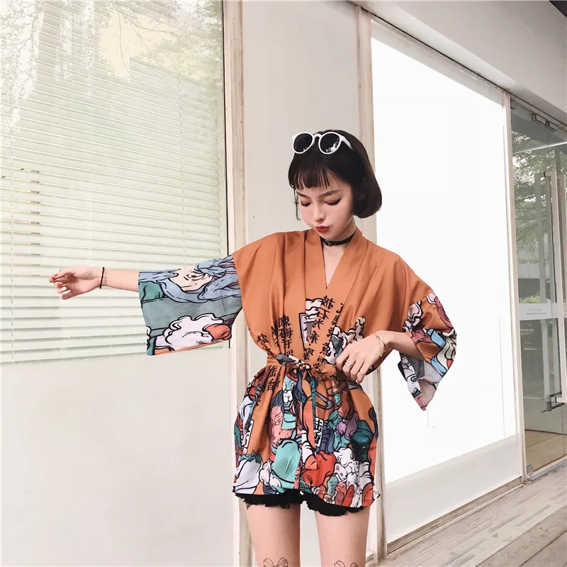 Harajuku BF Wind Japanese-style Feather Weaving Blouse Men and Women Kimono Chiffon Printing Sunscreen Clothing