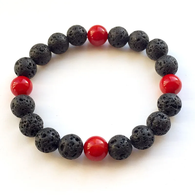 

Wholesale Black Volcanic Lava Stone Red Coral White Jades 8mm Beaded bracelet For Women Men Fashion personality Jewelry