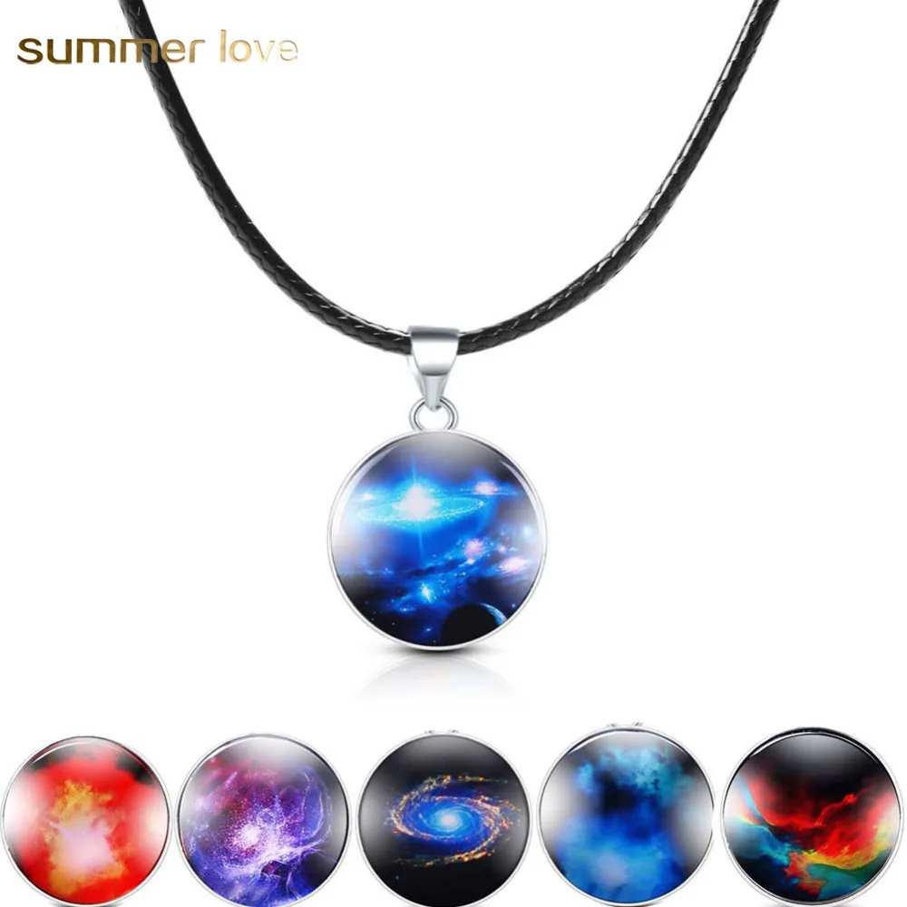 New Fashion 6 Style Galaxy Glass Pendant Outer Space Necklace Universe Jewelry Black Leather Rope Handmade Choker Gift | Украшения и