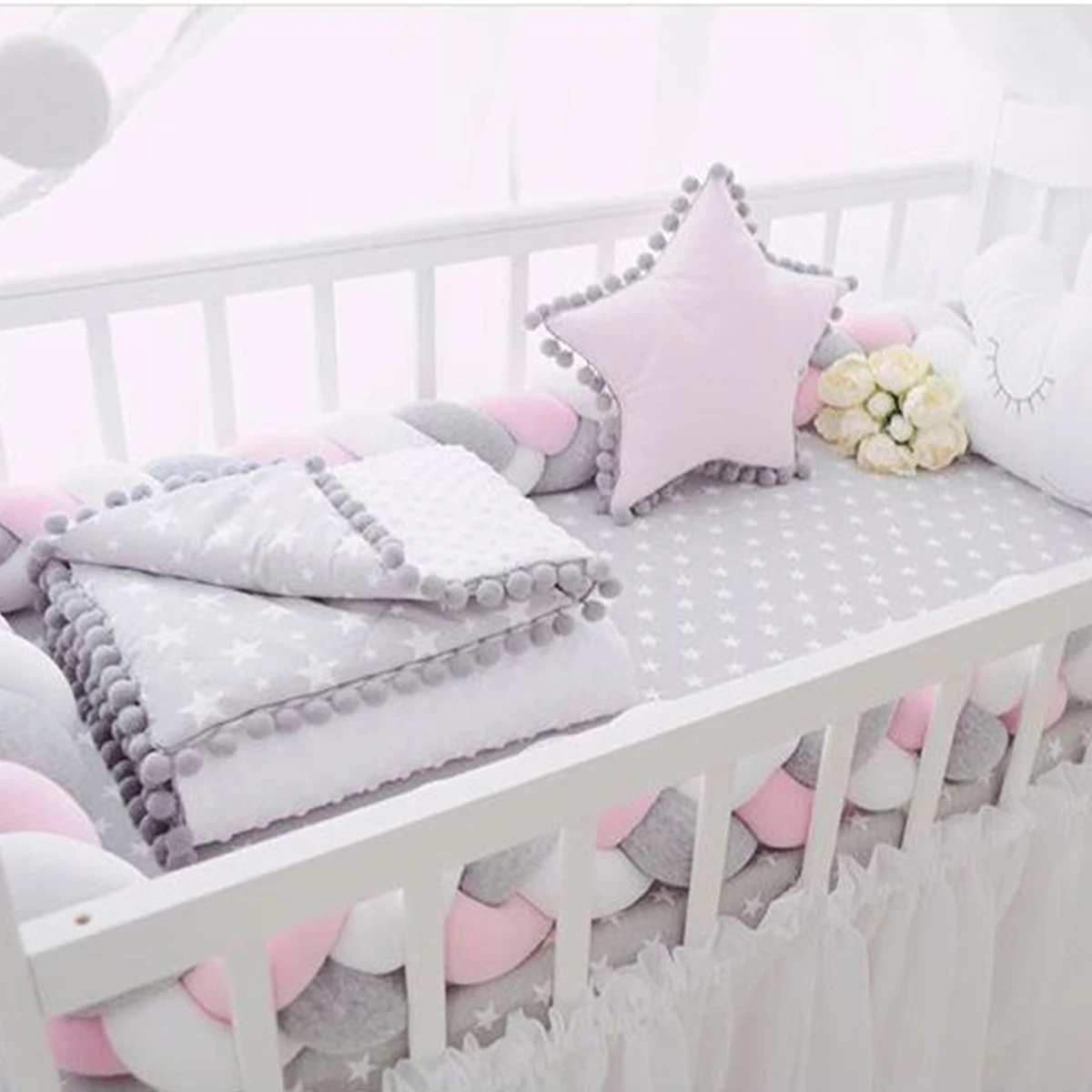 300CM Nordic Baby Bumper Infant Children Bedding Stuffs Kids Room Cushion Cotton Soft Knit Long Knot Ball Pillow Bed Protector