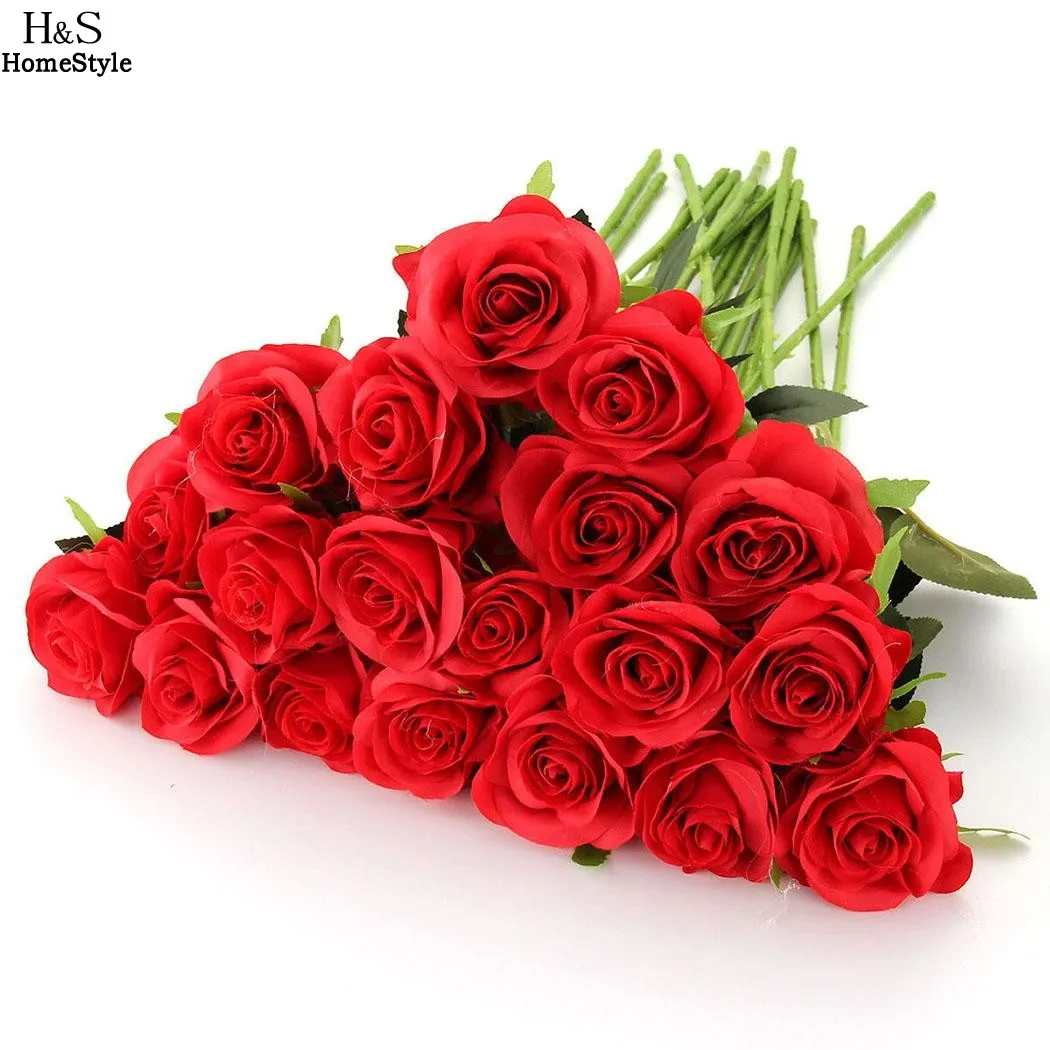 Wholesale 20PCSLots Red Rose Artificial Flowers Real Looking Faux Roses DIY Wedding Bouquets 