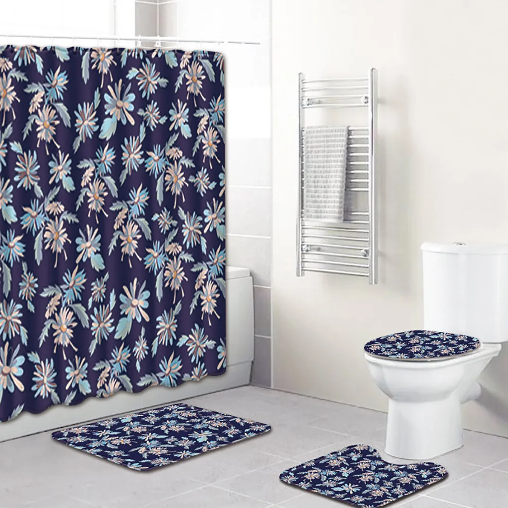 

2019 NEW 4PCS Sea Style Non Slip Toilet Polyester Cover Mat Set Bathroom Shower Curtain 6.6