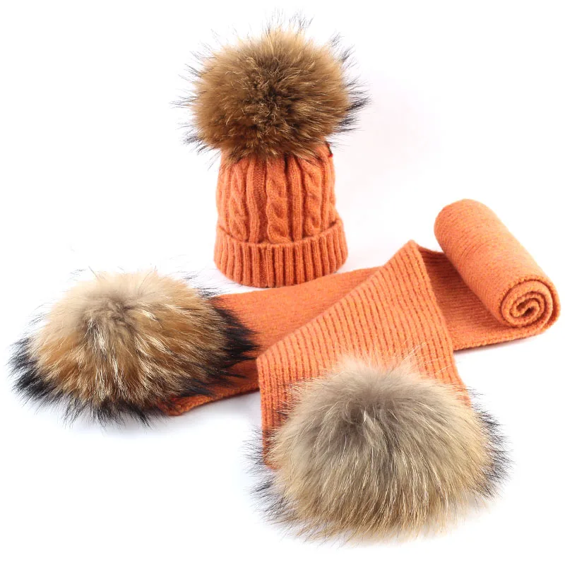 Geebro/комплект из 2 предметов для детей, вязаная шапочка и шарф с двойными настоящими помпонами для мальчиков и девочек, шикарные шляпы с помпонами из енота - Цвет: Orange A