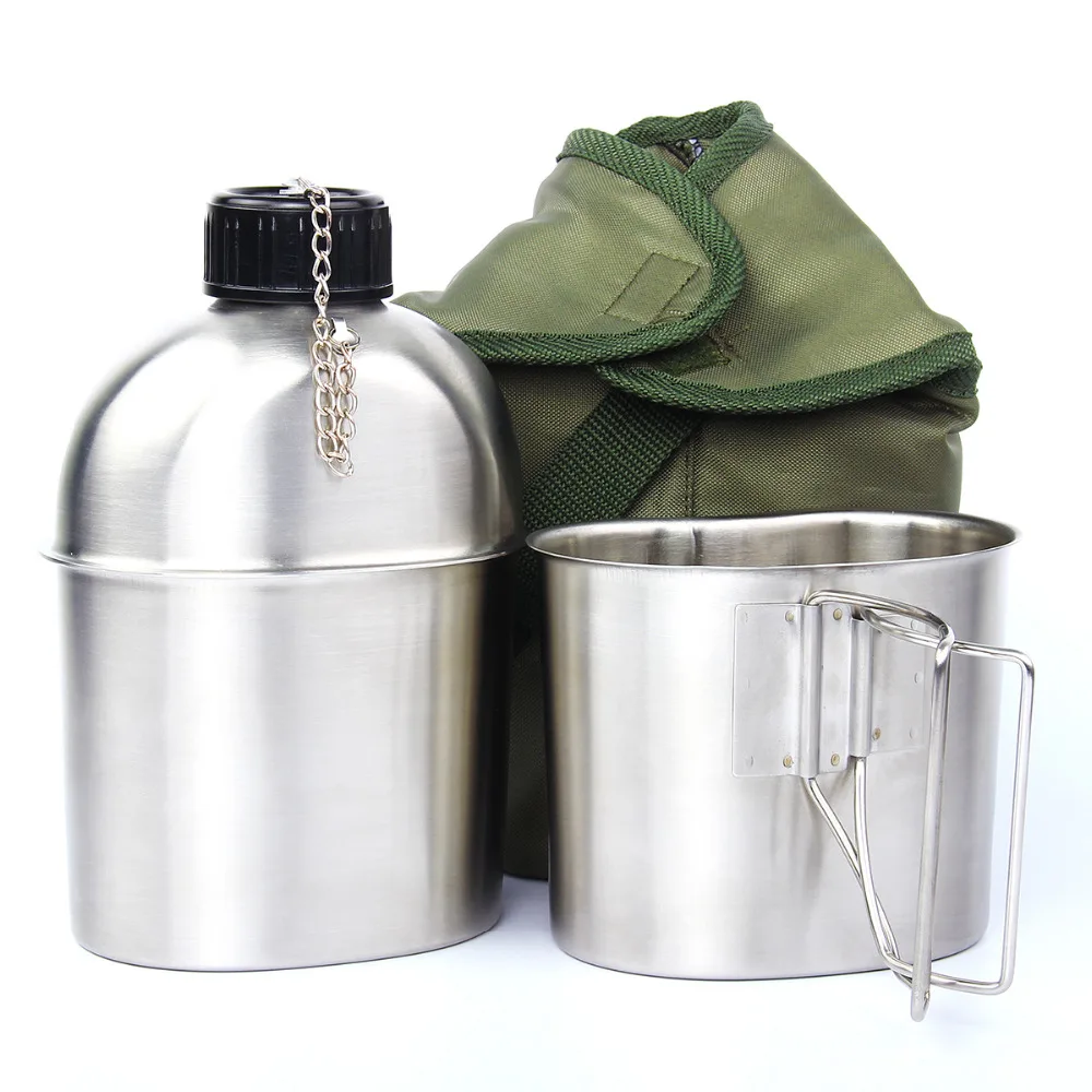 Preise Edelstahl Military Kantine 1L Tragbare mit 0,5 L Tasse Grün Abdeckung Camping Wandern Armee Camping Picknick Reise Zubehör