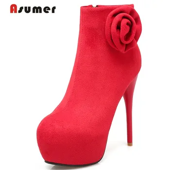 

Asumer 2020 Ankle boots nubuck leather flock zipper platform boots thin high heels 13.5cm elegant fashion women spring autumn